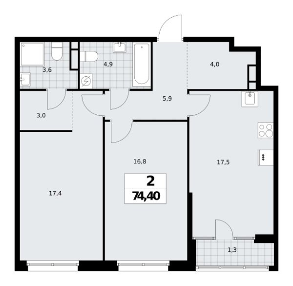 Новая 2-к квартира
 74.4 м² на 14/16 этаже в ЖК «Дом на Зорге» в городе Тюмень 