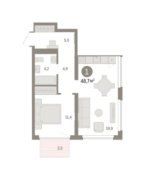 Новая 1-к квартира
 48.68 м² на 4/5 этаже в ЖК «Речной порт» в городе Тюмень 