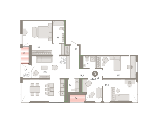 Новая 3-к квартира
 137.44 м² на 17/17 этаже в ЖК «Новин» в городе Тюмень 