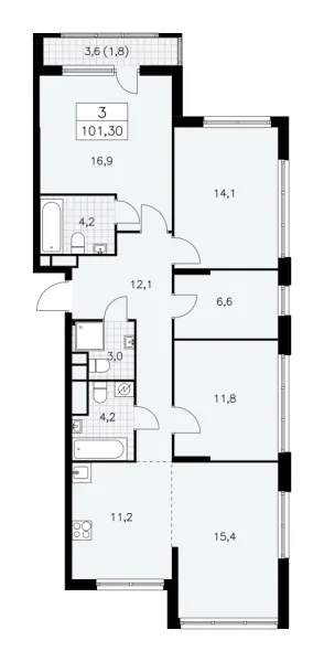 Новая 3-к квартира
 101.3 м² на 16/30 этаже в ЖК «Южные сады» в городе Тюмень 