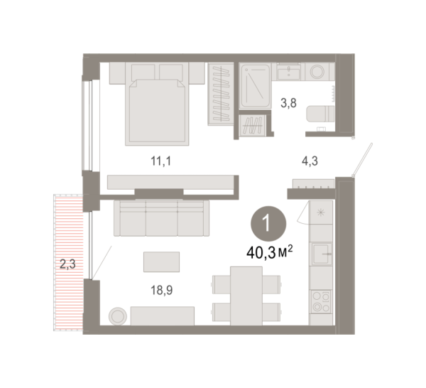 Новая 1-к квартира
 40.29 м² на 3/7 этаже в ЖК «Октябрьский на Туре» в городе Тюмень 