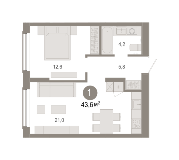 Новая 1-к квартира
 43.63 м² на 2/17 этаже в ЖК «Октябрьский на Туре» в городе Тюмень 