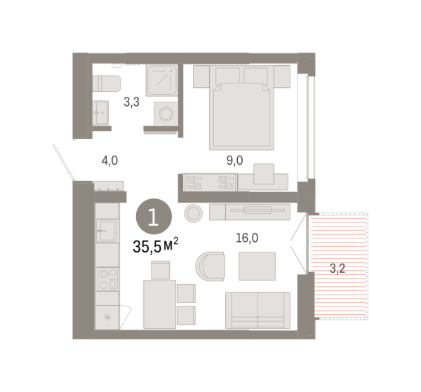 Новая 1-к квартира
 35.47 м² на 7/9 этаже в ЖК «Республики 205» в городе Тюмень 