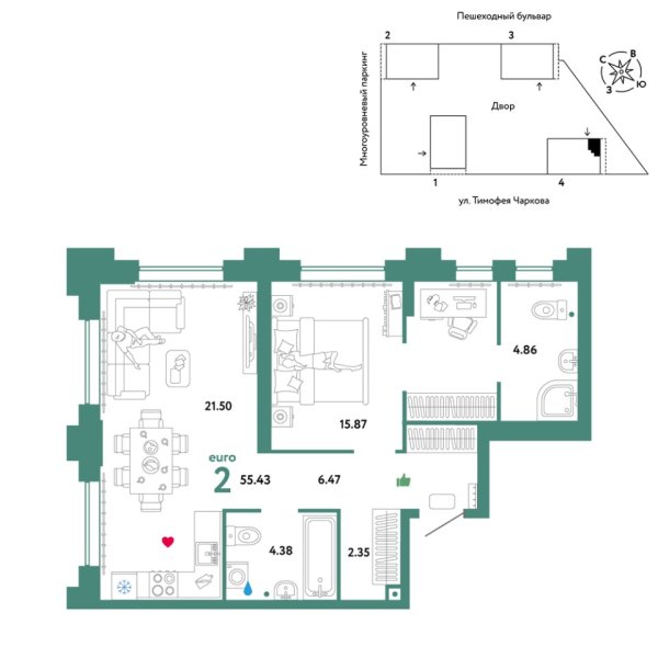 Новая 2-к квартира
 55.43 м² на 17/31 этаже в ЖК «Звёздный» в городе Тюмень 