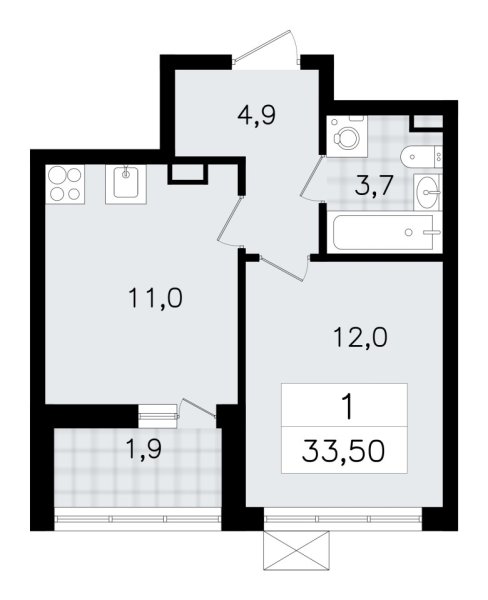 Новая 1-к квартира
 33.5 м² на 7/7 этаже в ЖК «А101 Всеволожск» в городе Тюмень 