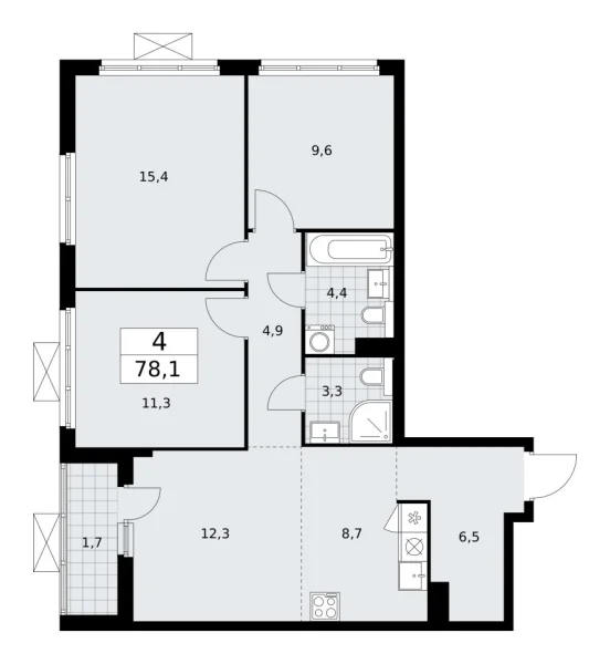 Новая 4-к квартира
 78.1 м² на 16/19 этаже в ЖК «Бунинские кварталы» в городе Тюмень 