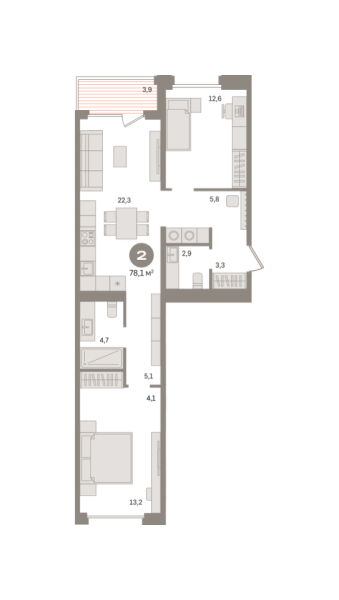 Новая 2-к квартира
 78.1 м² на 4/21 этаже в ЖК «Дом «А»» в городе Тюмень 