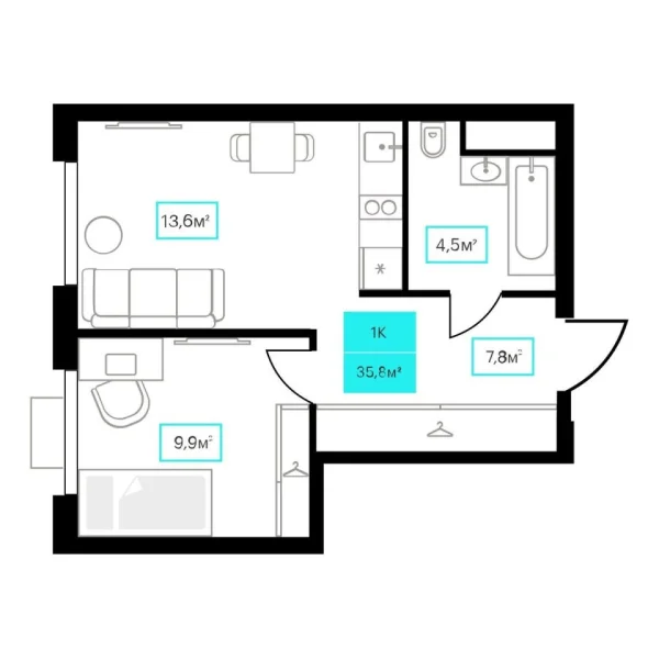 Новая 1-к квартира
 35.8 м² на 12/23 этаже в ЖК «Futuro» в городе Тюмень 