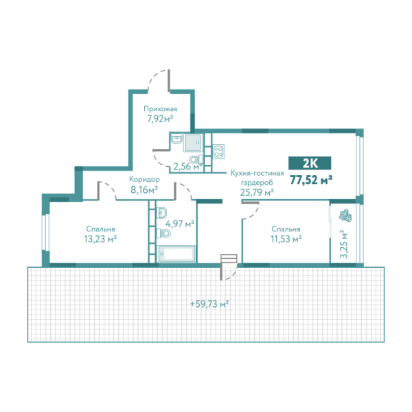 Новая 2-к квартира
 77.52 м² на 9/10 этаже в ЖК «Акватория» в городе Тюмень 