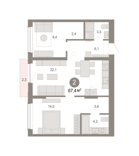 Новая 2-к квартира
 67.38 м² на 4/17 этаже в ЖК «Октябрьский на Туре» в городе Тюмень 