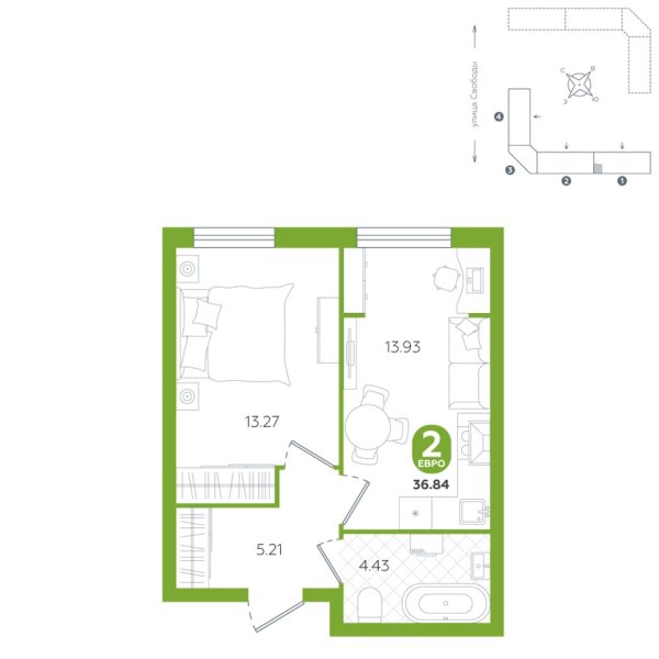 Новая 2-к квартира
 36.84 м² на 1/5 этаже в ЖК «Счастье» в городе Тюмень 