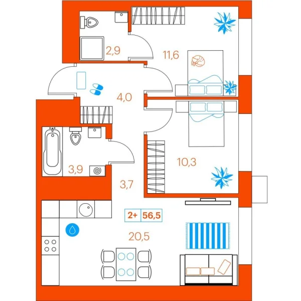 Новая 2-к квартира
 56.5 м² на 9/22 этаже в ЖК «SuperSky» в городе Тюмень 