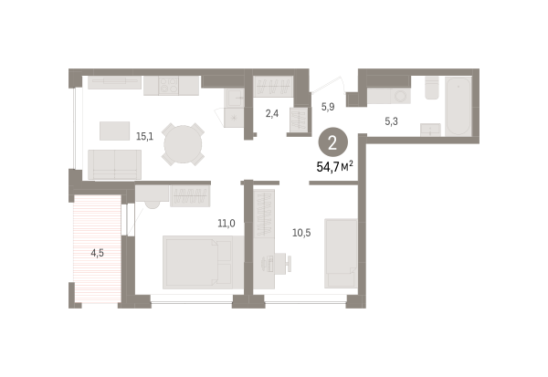 Новая 2-к квартира
 54.66 м² на 2/8 этаже в ЖК «Европейский квартал» в городе Тюмень 