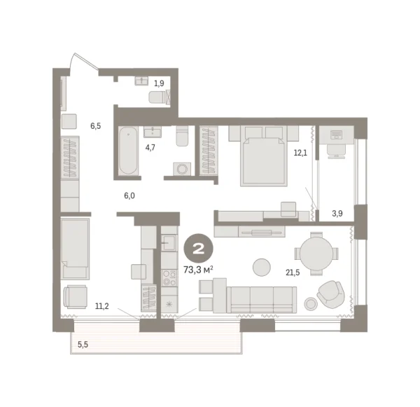 Новая 2-к квартира
 73.27 м² на 16/17 этаже в ЖК «Октябрьский на Туре» в городе Тюмень 