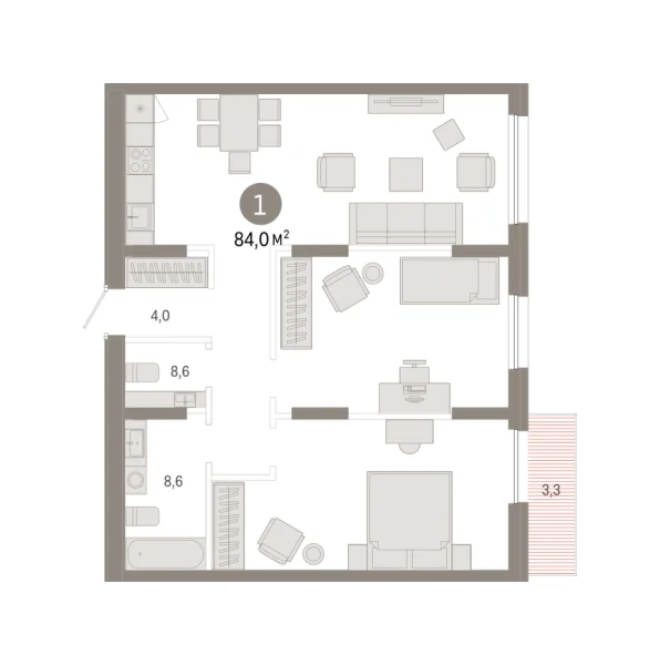 Новая 1-к квартира
 84.02 м² на 5/17 этаже в ЖК «Республики 205» в городе Тюмень 