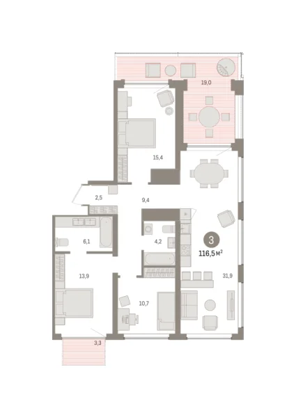 Новая 3-к квартира
 116.48 м² на 8/9 этаже в ЖК «Речной порт» в городе Тюмень 