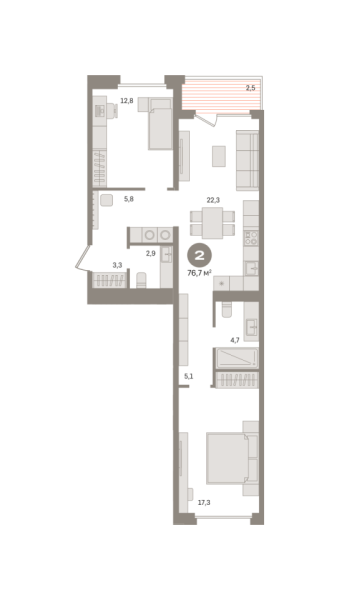 Новая 2-к квартира
 76.7 м² на 3/21 этаже в ЖК «Дом «А»» в городе Тюмень 