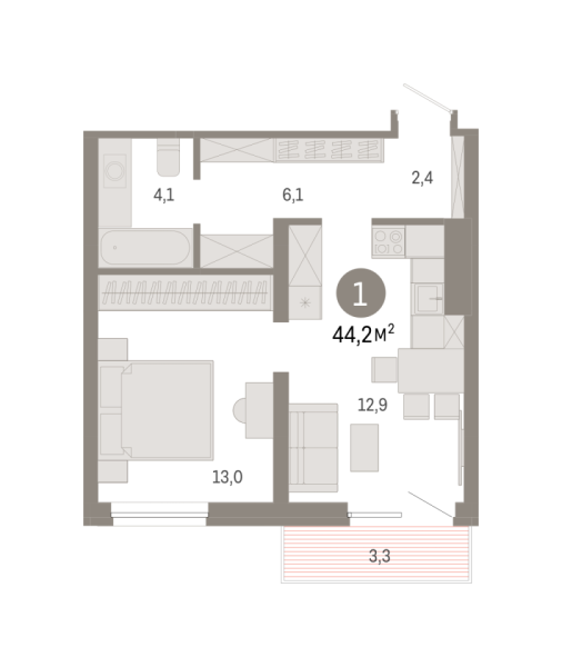 Новая 1-к квартира
 44.17 м² на 5/8 этаже в ЖК «Северный квартал» в городе Тюмень 