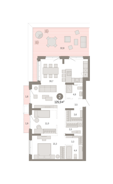Новая 2-к квартира
 125.51 м² на 8/11 этаже в ЖК «Кварталы «На Минской»» в городе Тюмень 