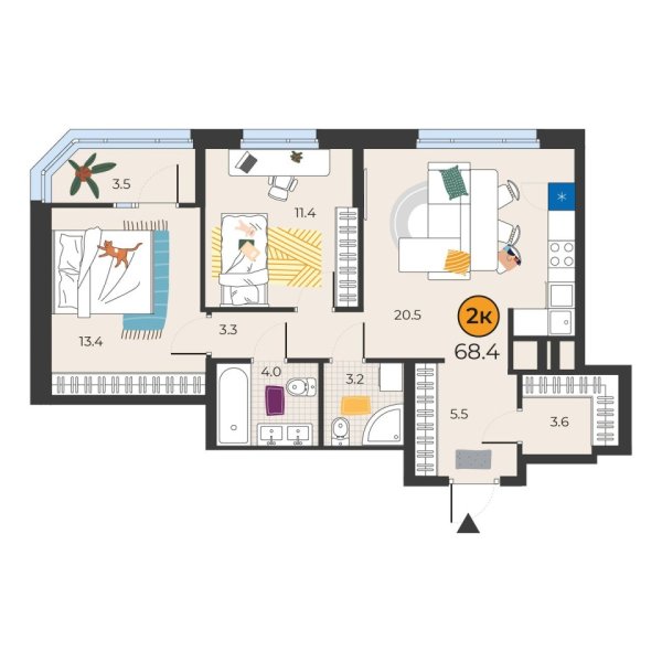 Новая 2-к квартира
 68.4 м² на 16/19 этаже в ЖК «Корней» в городе Тюмень 
