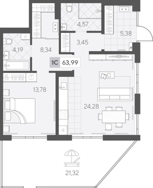 Новая 1-к квартира
 71.07 м² на 1/4 этаже в ЖК «Скандиа. Квартал у Озера» в городе Тюмень 