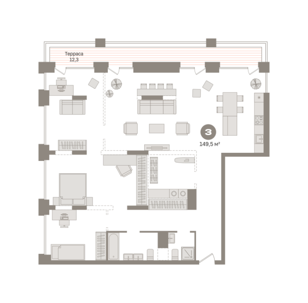 Новая 3-к квартира
 149.45 м² на 8/17 этаже в ЖК «Гудзон» в городе Тюмень 