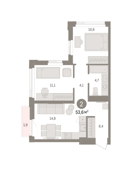 Новая 2-к квартира
 53.61 м² на 14/25 этаже в ЖК «Зарека» в городе Тюмень 