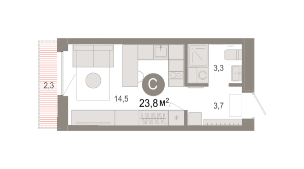 Новая квартира-студия
 23.83 м² на 7/17 этаже в ЖК «Октябрьский на Туре» в городе Тюмень 