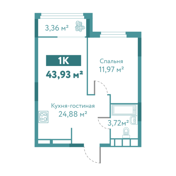 Новая 1-к квартира
 43.93 м² на 5/10 этаже в ЖК «Акватория» в городе Тюмень 