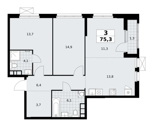 Новая 3-к квартира
 75.3 м² на 17/24 этаже в ЖК «Южные сады» в городе Тюмень 