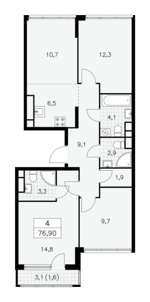 Новая 4-к квартира
 76.9 м² на 30/30 этаже в ЖК «Южные сады» в городе Тюмень 