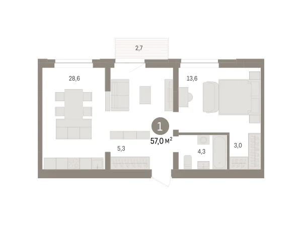 Новая 1-к квартира
 57 м² на 8/10 этаже в ЖК «Речной порт» в городе Тюмень 
