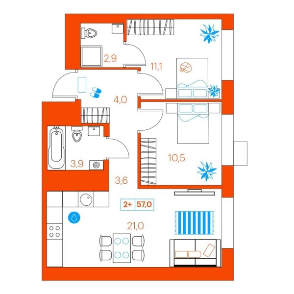 Новая 2-к квартира
 57 м² на 2/22 этаже в ЖК «SuperSky» в городе Тюмень 