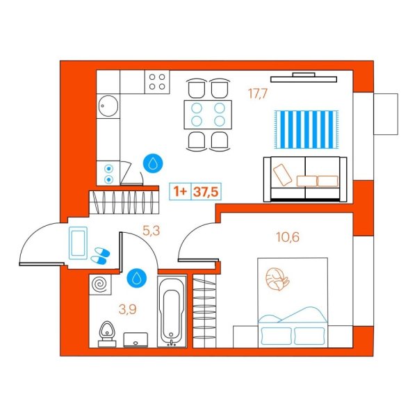 Новая 1-к квартира
 37.3 м² на 21/22 этаже в ЖК «SuperSky» в городе Тюмень 