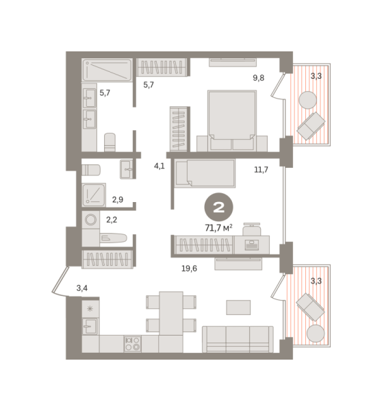 Новая 2-к квартира
 71.7 м² на 3/7 этаже в ЖК «Дом «А»» в городе Тюмень 