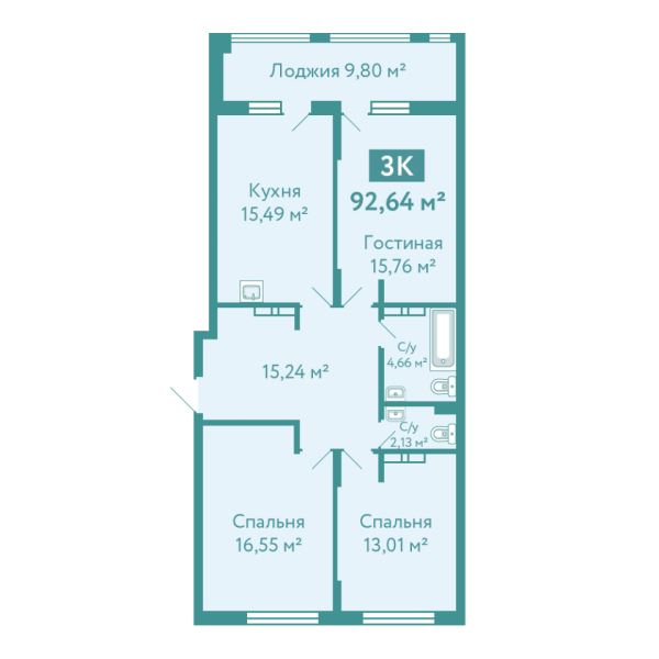 Новая 3-к квартира
 92.64 м² на 7/10 этаже в ЖК «Акватория» в городе Тюмень 