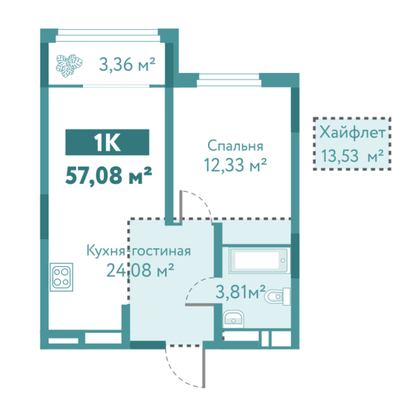 Новая 1-к квартира
 57.08 м² на 10/10 этаже в ЖК «Акватория» в городе Тюмень 