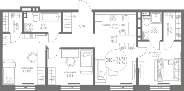 Новая 3-к квартира
 71.72 м² на 1/17 этаже в ЖК «Меридиан ЮГ» в городе Тюмень 
