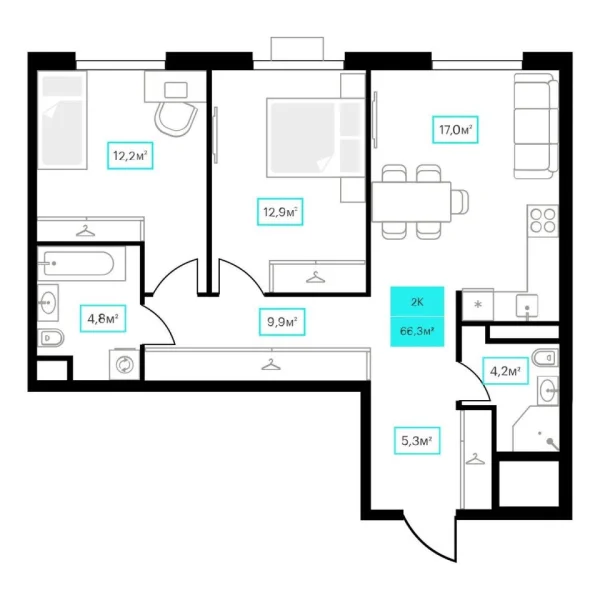 Новая 2-к квартира
 66.3 м² на 5/23 этаже в ЖК «Futuro» в городе Тюмень 