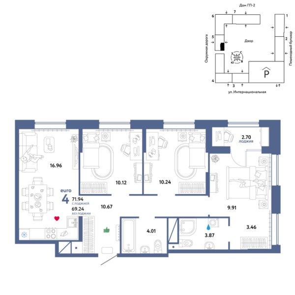 Новая 4-к квартира
 71.94 м² на 9/16 этаже в ЖК «Юнион» в городе Тюмень 
