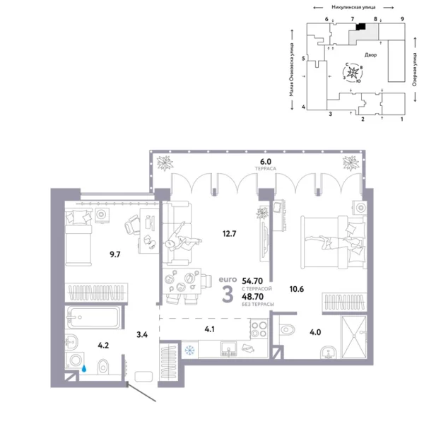 Новая 3-к квартира
 54.7 м² на 8/30 этаже в ЖК «Страна.Озёрная» в городе Тюмень 