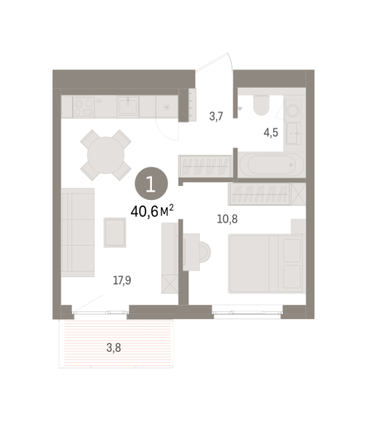 Новая 1-к квартира
 40.63 м² на 7/9 этаже в ЖК «Брусника в Новоселье» в городе Тюмень 