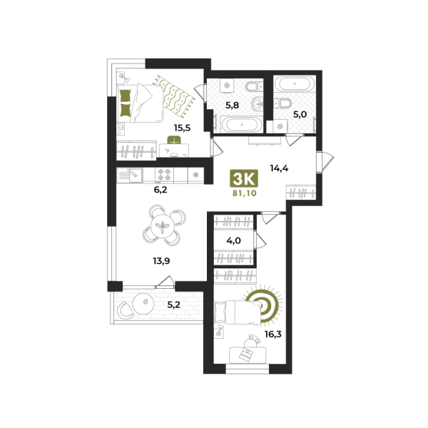 Новая 3-к квартира
 81.1 м² на 9/15 этаже в ЖК «Опера» в городе Тюмень 