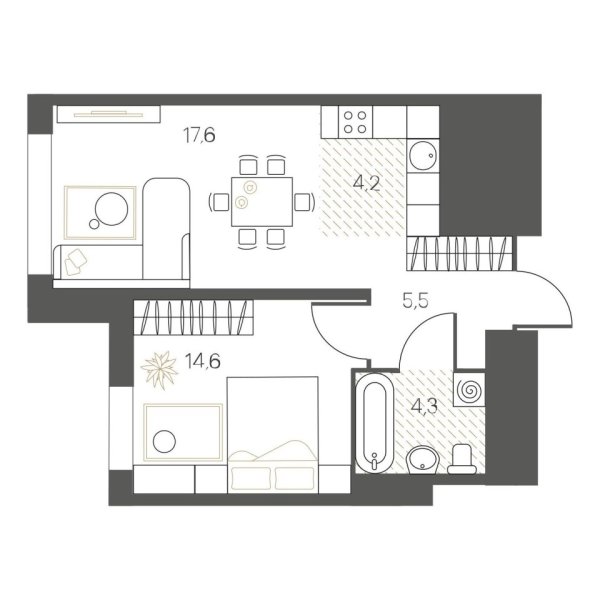 Новая 1-к квартира
 46.2 м² на 8/12 этаже в ЖК «White House» в городе Тюмень 