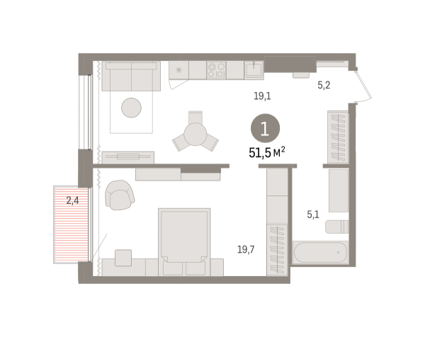 Новая 1-к квартира
 51.47 м² на 15/17 этаже в ЖК «Октябрьский на Туре» в городе Тюмень 