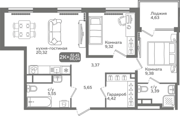 Новая 2-к квартира
 61.41 м² на 4/21 этаже в ЖК «Меридиан Слобода» в городе Тюмень 
