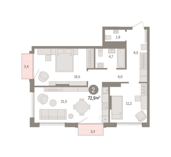 Новая 2-к квартира
 72.87 м² на 16/17 этаже в ЖК «Октябрьский на Туре» в городе Тюмень 