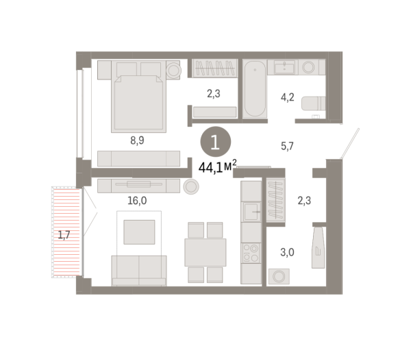 Новая 1-к квартира
 44.09 м² на 5/9 этаже в ЖК «Республики 205» в городе Тюмень 