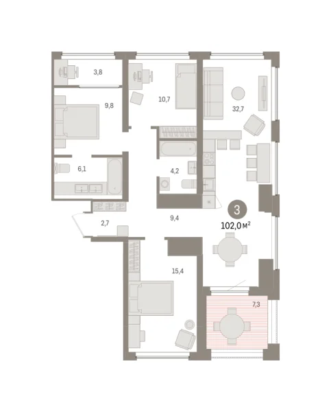 Новая 3-к квартира
 102.01 м² на 7/7 этаже в ЖК «Речной порт» в городе Тюмень 