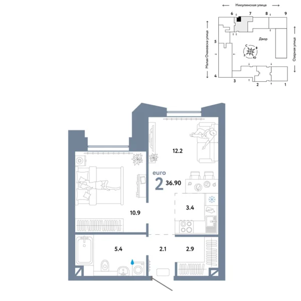 Новая 2-к квартира
 36.9 м² на 9/30 этаже в ЖК «Страна.Озёрная» в городе Тюмень 